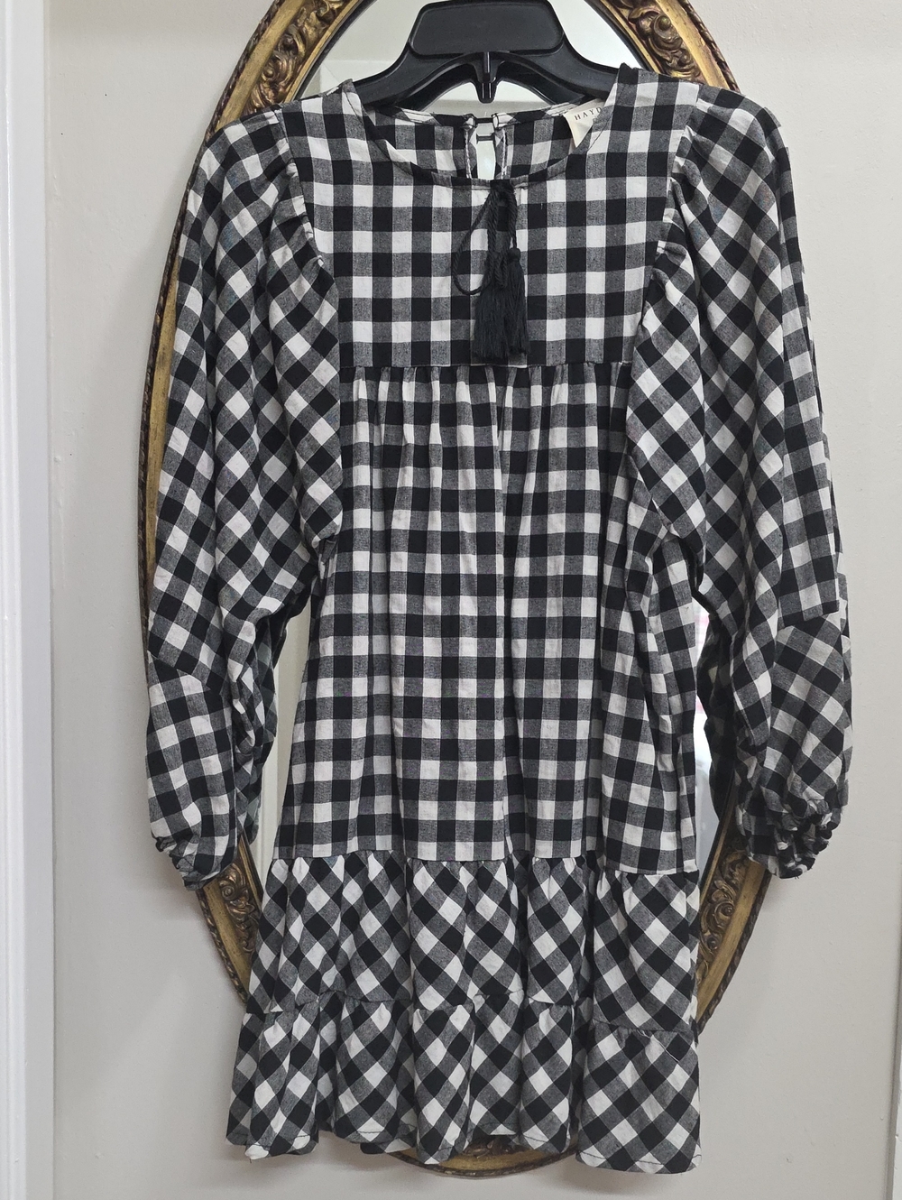 Hayden Girls Black White Gingham Tunic Ruffle Dress Size XL Tie Front Tassle